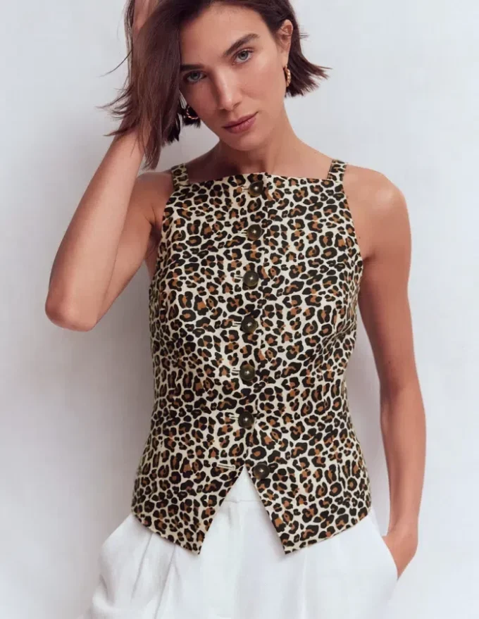 Square Neck Linen Waistcoat Leopard Print Square Neck Linen Waistcoat Leopard Print