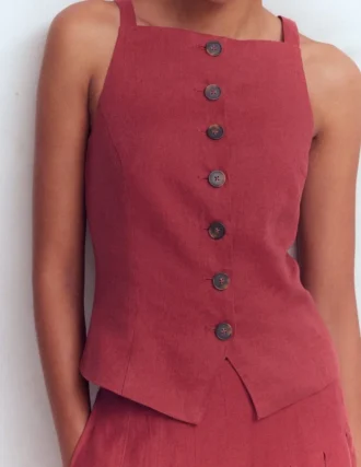 Square Neck Linen Waistcoat Rich Chestnut