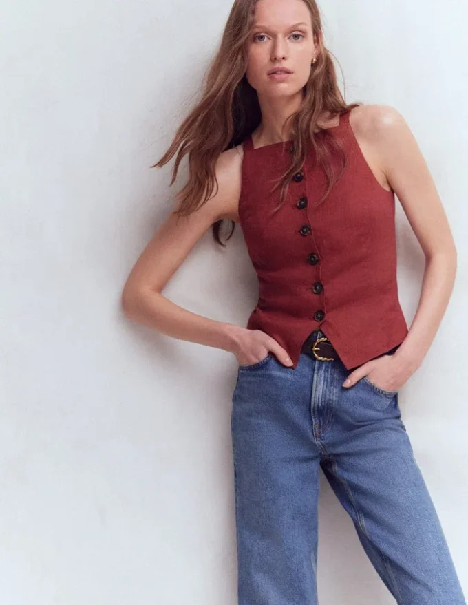 Square Neck Linen Waistcoat Rich Chestnut Square Neck Linen Waistcoat Rich Chestnut