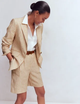 Stamford Linen Blazer Brown, Ivory Ticking Stripe