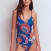 Strap Print Swimsuit Blue, Elegant Blossom Strap Print Swimsuit Blue, Elegant Blossom