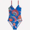 Strap Print Swimsuit Blue, Elegant Blossom Strap Print Swimsuit Blue, Elegant Blossom