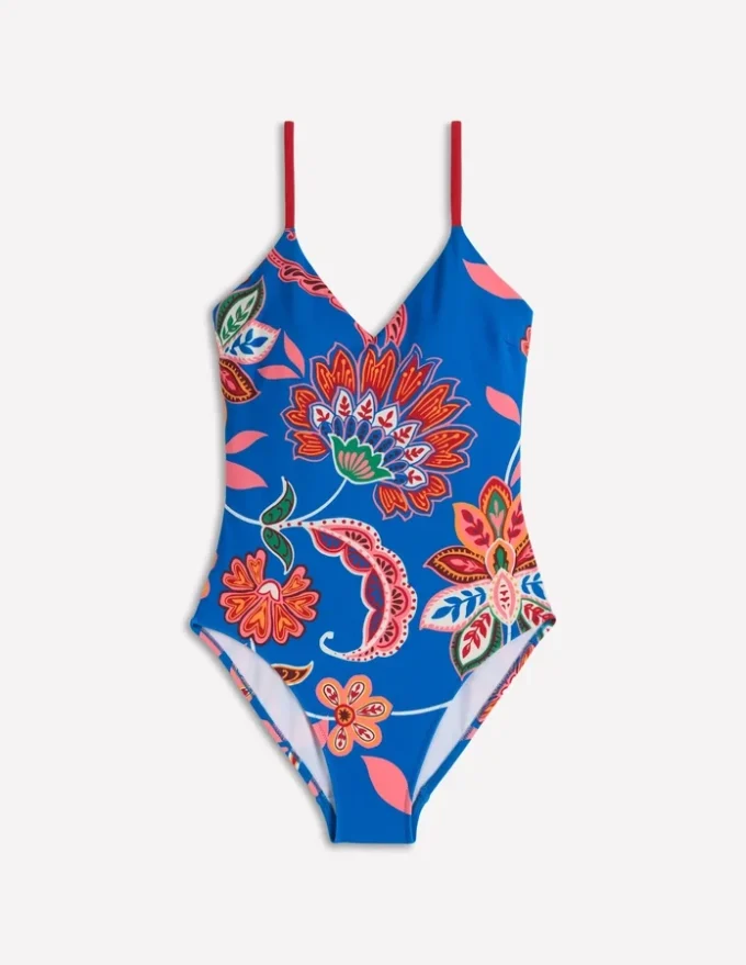 Strap Print Swimsuit Blue, Elegant Blossom Strap Print Swimsuit Blue, Elegant Blossom