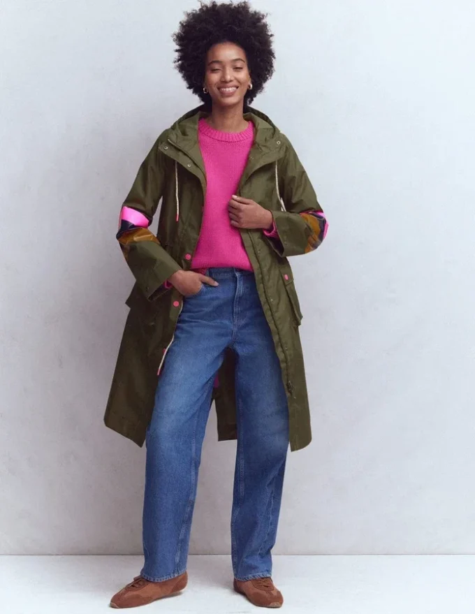 Striped Longline Rain Mac Woodland Green Stripe