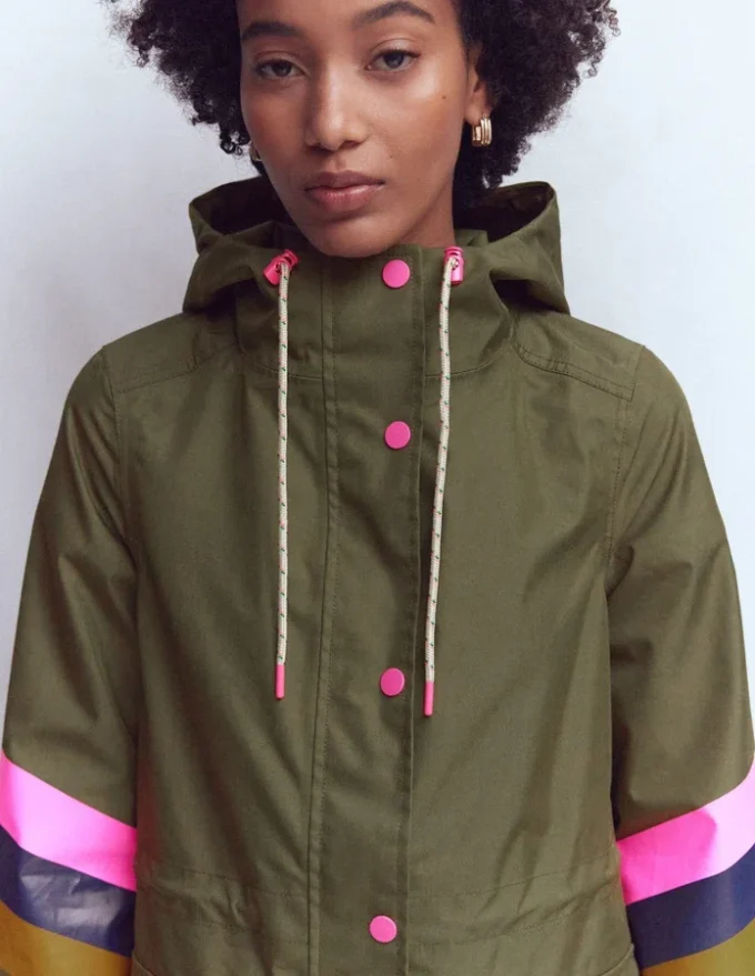 Striped Longline Rain Mac Woodland Green Stripe