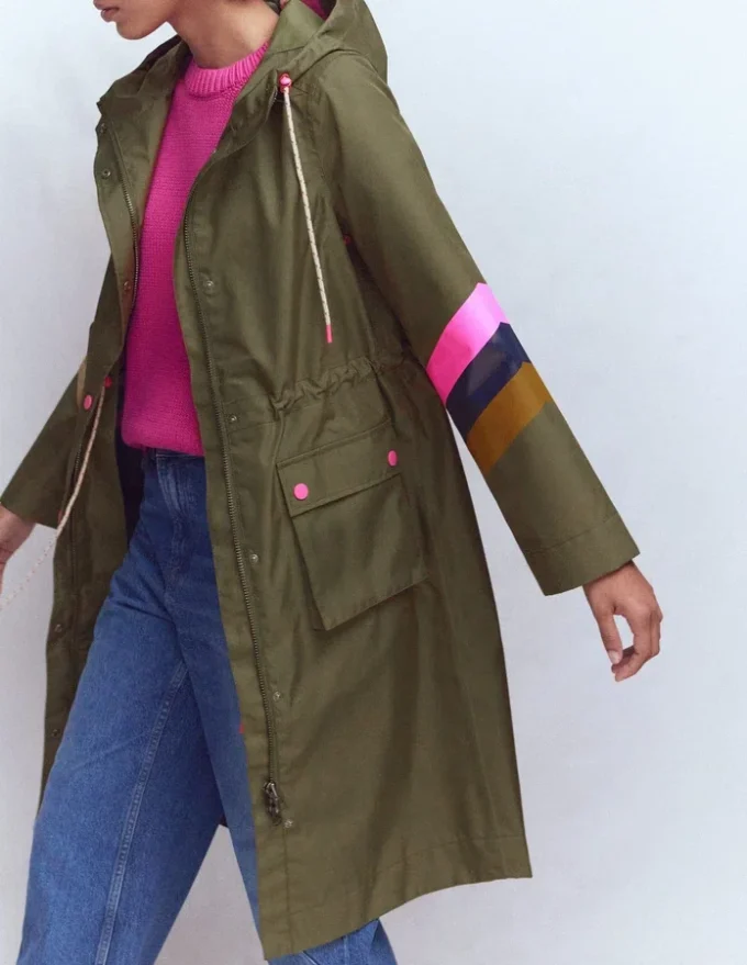 Striped Longline Rain Mac Woodland Green Stripe