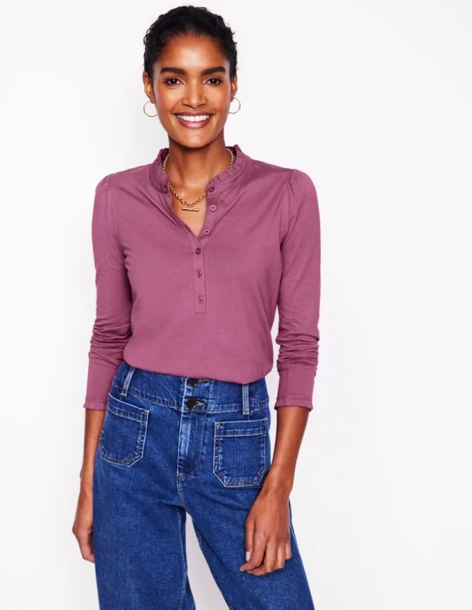 Supersoft Frill Henley Top Purple Damson Supersoft Frill Henley Top Purple Damson