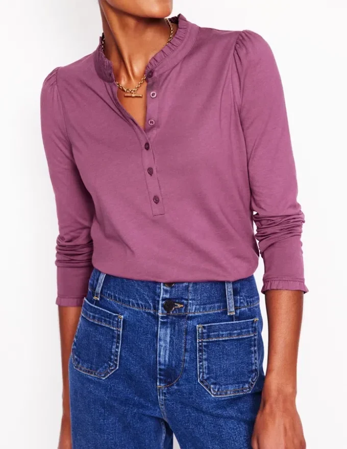 Supersoft Frill Henley Top Purple Damson Supersoft Frill Henley Top Purple Damson