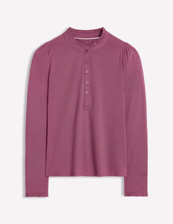 Supersoft Frill Henley Top Purple Damson Supersoft Frill Henley Top Purple Damson