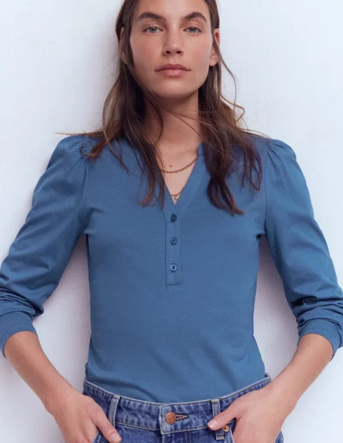 Supersoft Open Neck Henley Denim Blue
