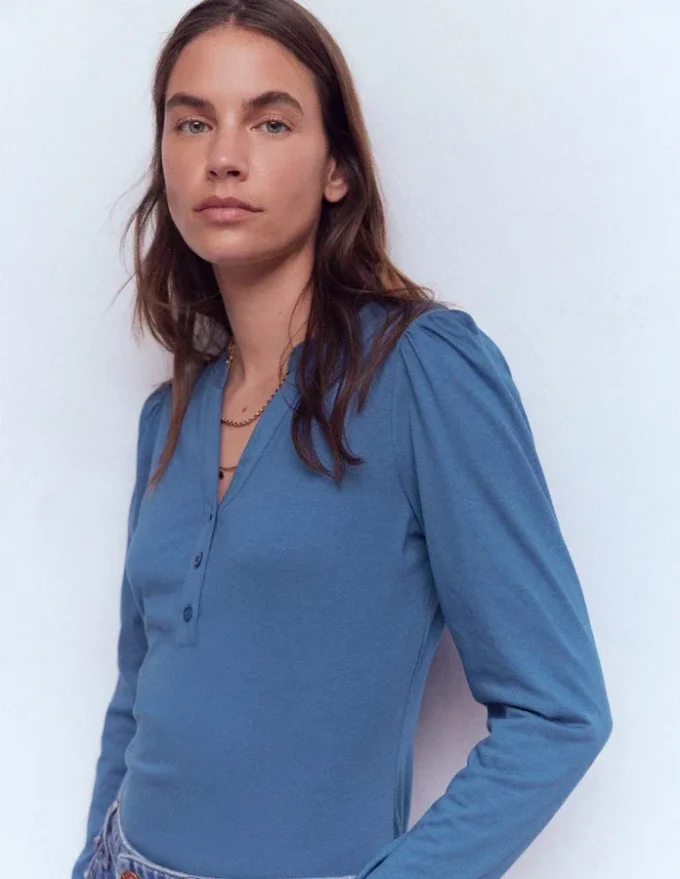 Supersoft Open Neck Henley Denim Blue