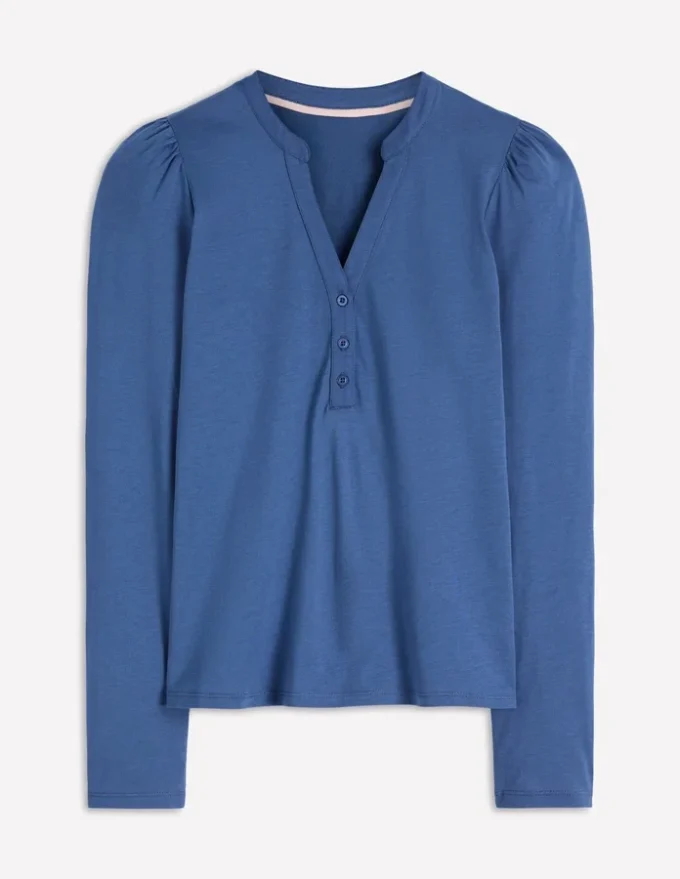 Supersoft Open Neck Henley Denim Blue
