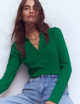 Supersoft Open Neck Henley Jewel Green
