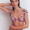 Sweetheart Sleeve Bikini Top Maroon, Botanical Charm Sweetheart Sleeve Bikini Top Maroon, Botanical Charm