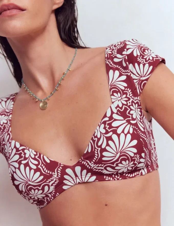 Sweetheart Sleeve Bikini Top Maroon, Botanical Charm Sweetheart Sleeve Bikini Top Maroon, Botanical Charm
