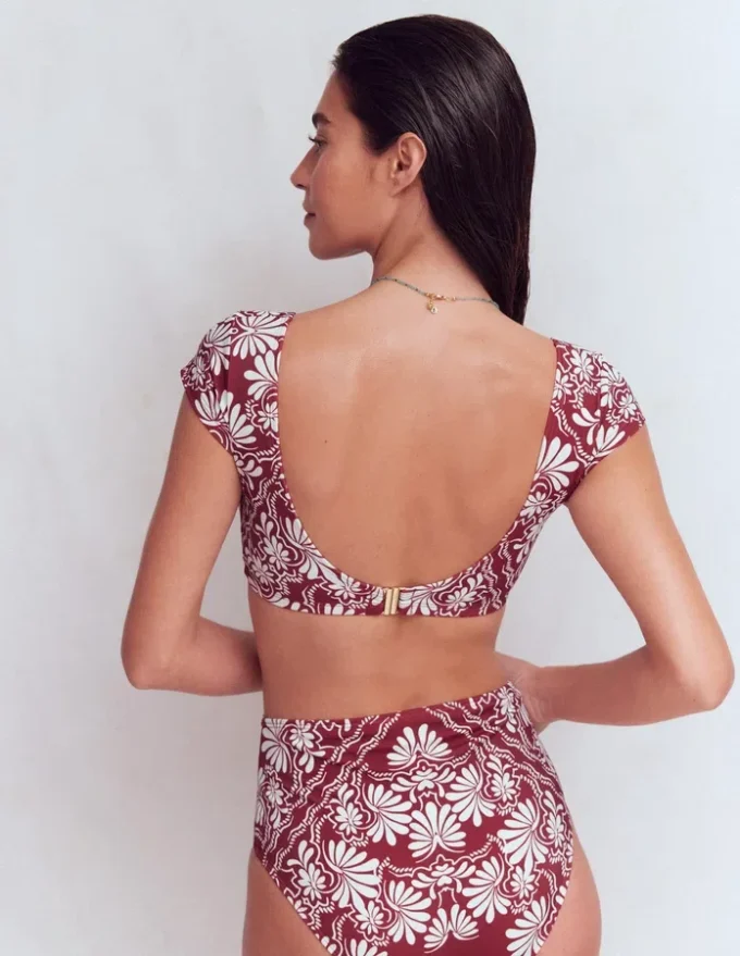 Sweetheart Sleeve Bikini Top Maroon, Botanical Charm Sweetheart Sleeve Bikini Top Maroon, Botanical Charm