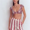 Sweetheart Sleeve Bikini Top Maroon, Botanical Charm Sweetheart Sleeve Bikini Top Maroon, Botanical Charm