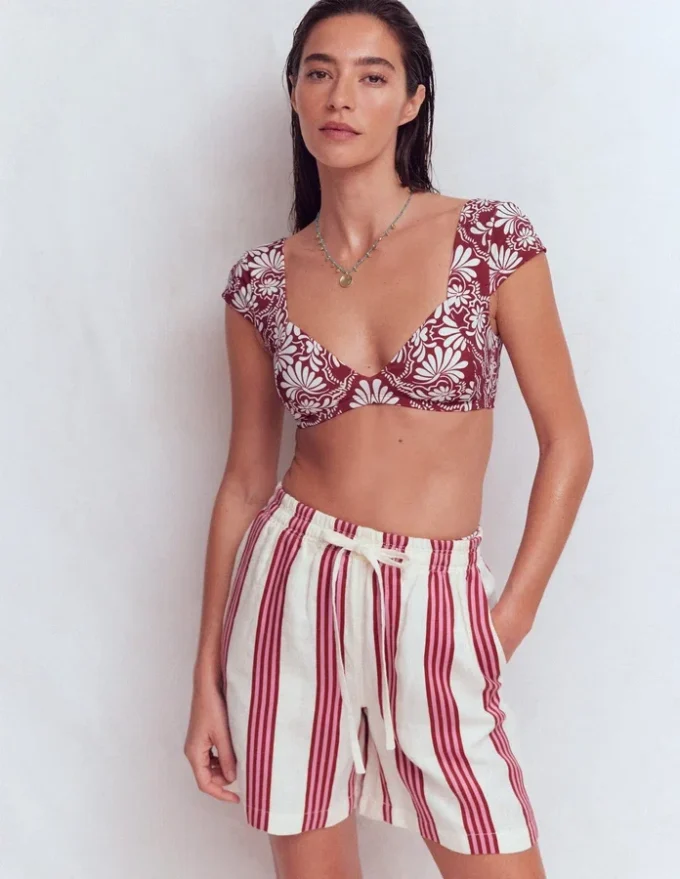 Sweetheart Sleeve Bikini Top Maroon, Botanical Charm Sweetheart Sleeve Bikini Top Maroon, Botanical Charm