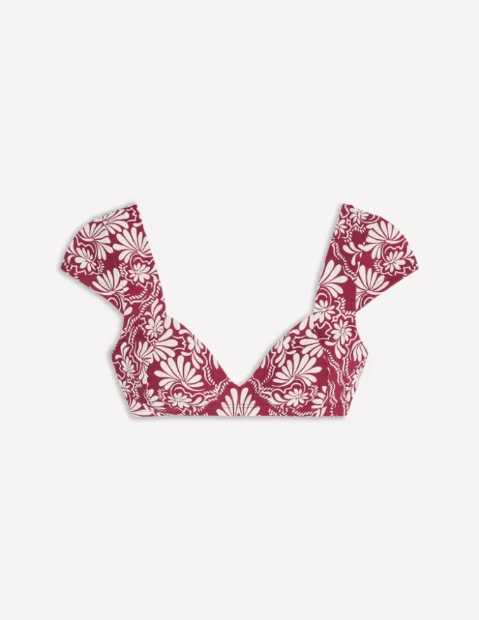 Sweetheart Sleeve Bikini Top Maroon, Botanical Charm Sweetheart Sleeve Bikini Top Maroon, Botanical Charm