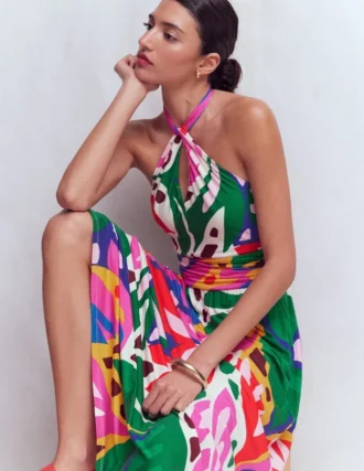 Sydney Twist Neck Jersey Dress Multi, Leafy Cascade