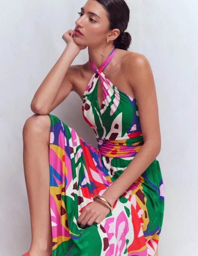 Sydney Twist Neck Jersey Dress Multi, Leafy Cascade Sydney Twist Neck Jersey Dress Multi, Leafy Cascade