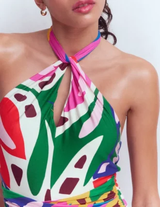 Sydney Twist Neck Jersey Dress Multi, Leafy Cascade