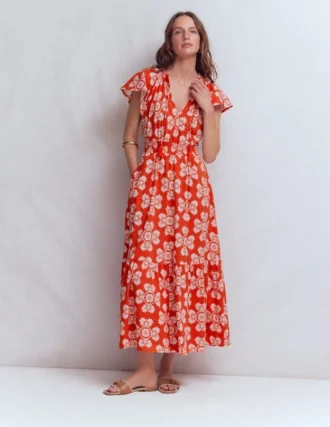 Tala Tiered Jersey Maxi Dress Blood Orange, Botanical Charm