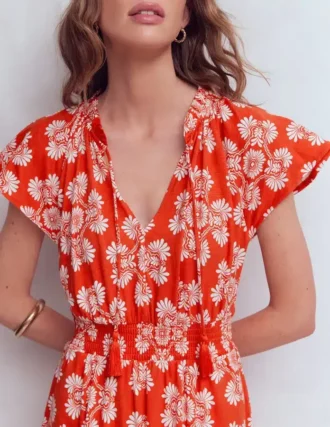 Tala Tiered Jersey Maxi Dress Blood Orange, Botanical Charm
