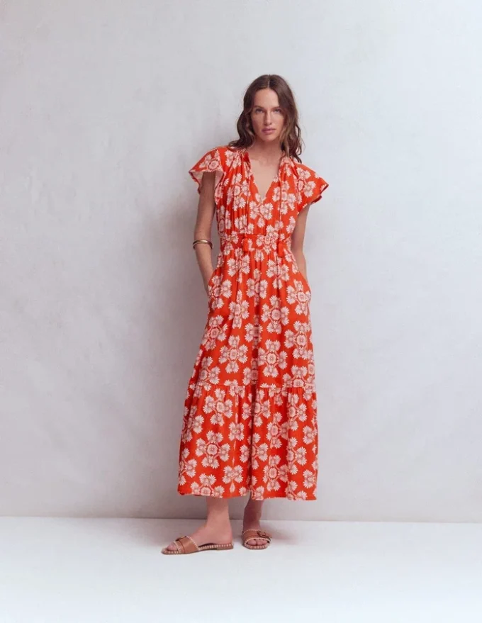 Tala Tiered Jersey Maxi Dress Blood Orange, Botanical Charm Tala Tiered Jersey Maxi Dress Blood Orange, Botanical Charm