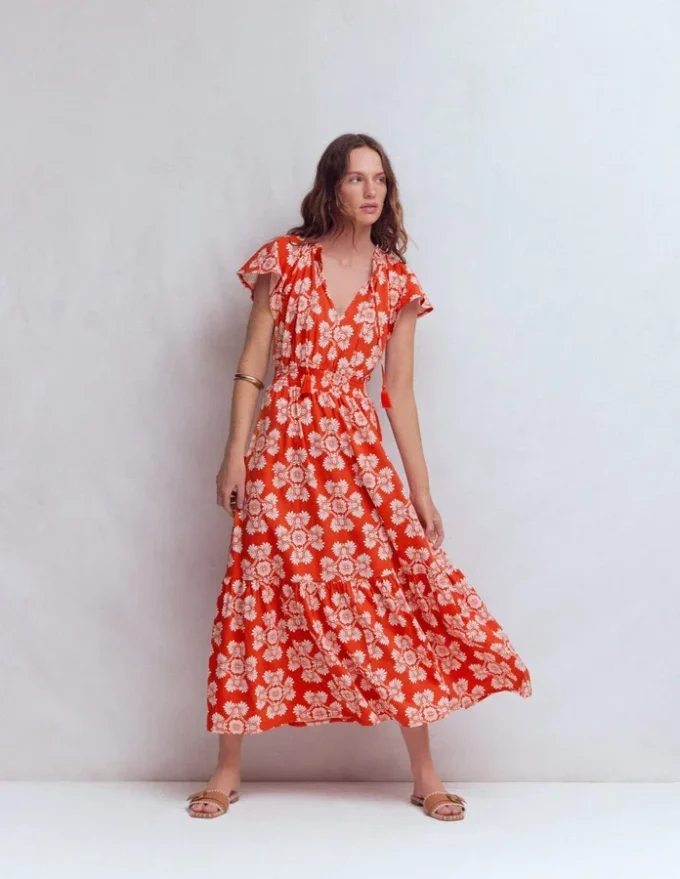 Tala Tiered Jersey Maxi Dress Blood Orange, Botanical Charm Tala Tiered Jersey Maxi Dress Blood Orange, Botanical Charm