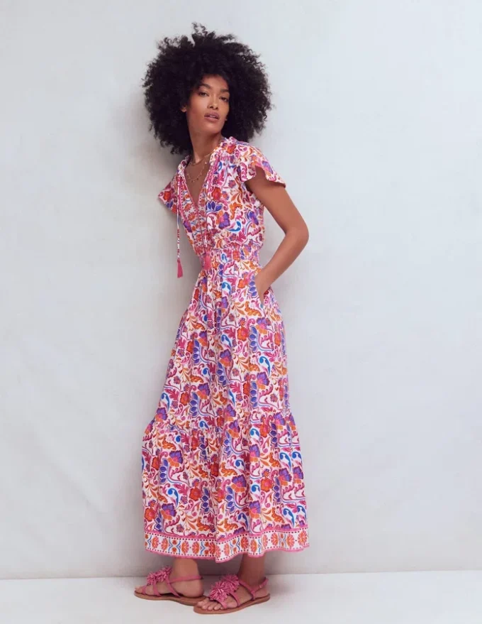 Tala Tiered Jersey Maxi Dress Pink, Flourishing Meadow Tala Tiered Jersey Maxi Dress Pink, Flourishing Meadow