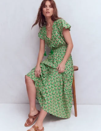 Tala Tiered Jersey Maxi Dress Pistachio, Ornamental Stamp