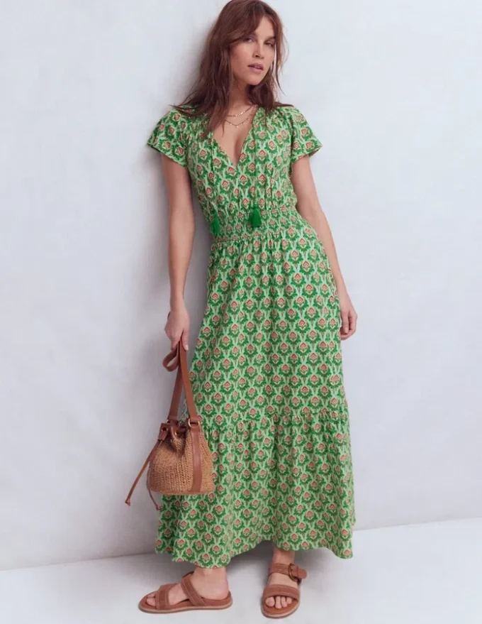 Tala Tiered Jersey Maxi Dress Pistachio, Ornamental Stamp Tala Tiered Jersey Maxi Dress Pistachio, Ornamental Stamp