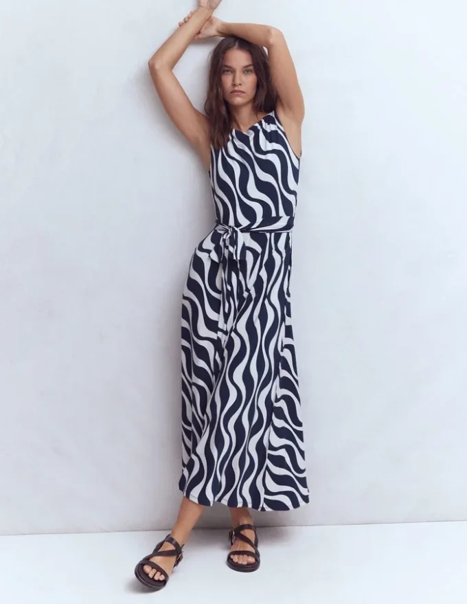 Tamsin Jersey Midi Dress French Navy, Rhythmic Wave Tamsin Jersey Midi Dress French Navy, Rhythmic Wave