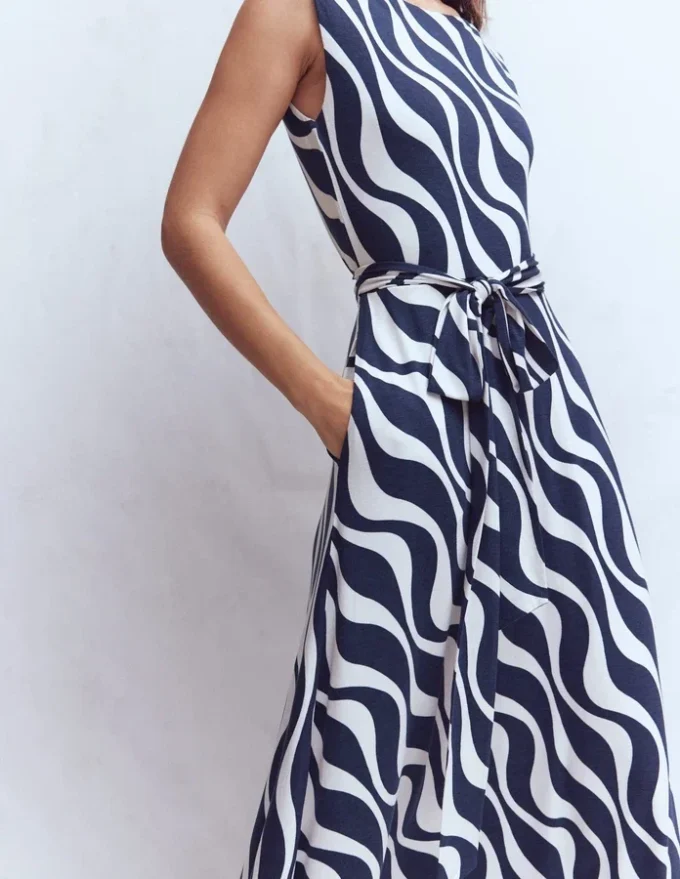 Tamsin Jersey Midi Dress French Navy, Rhythmic Wave Tamsin Jersey Midi Dress French Navy, Rhythmic Wave