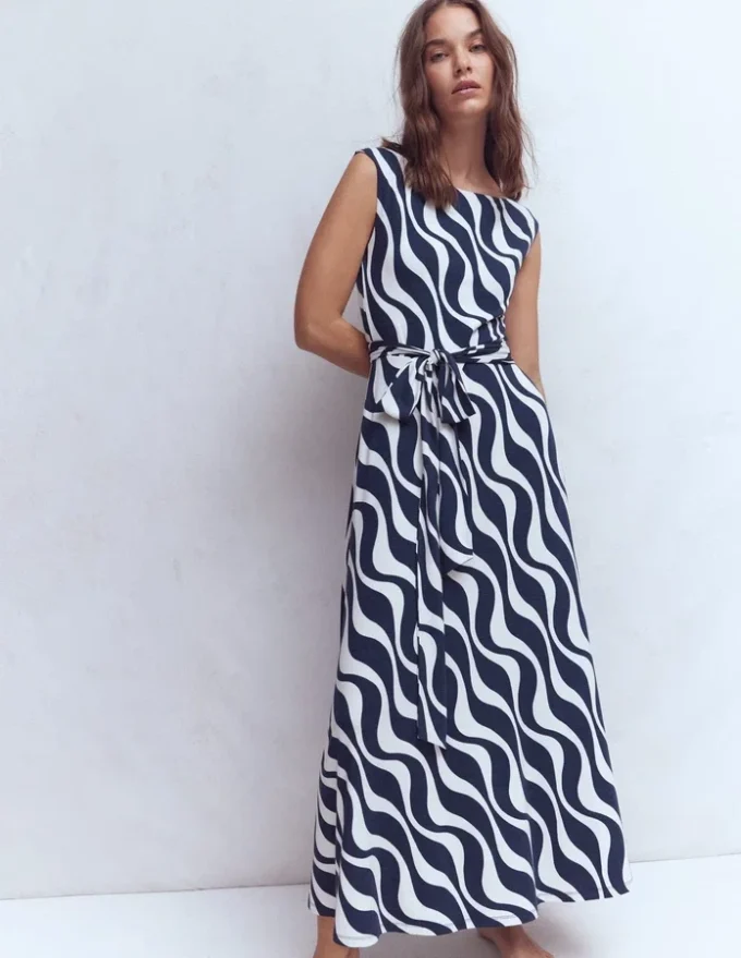 Tamsin Jersey Midi Dress French Navy, Rhythmic Wave Tamsin Jersey Midi Dress French Navy, Rhythmic Wave