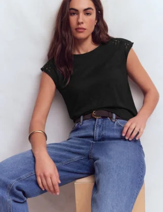 Tara Cutwork Linen Tee Black