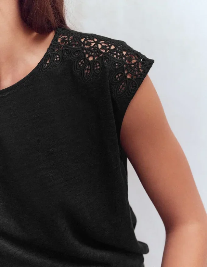 Tara Cutwork Linen Tee Black Tara Cutwork Linen Tee Black