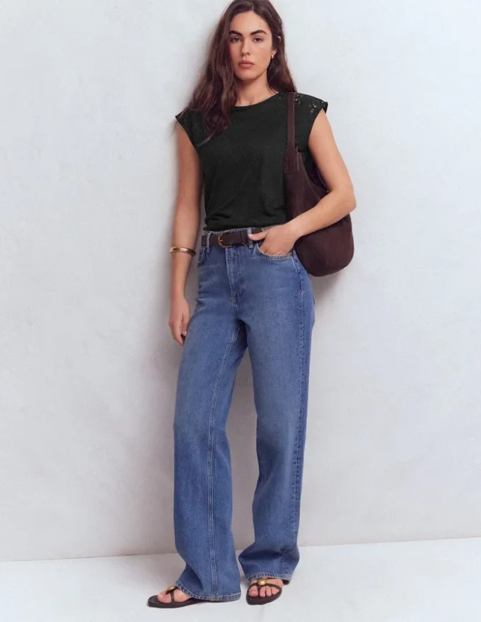 Tara Cutwork Linen Tee Black Tara Cutwork Linen Tee Black