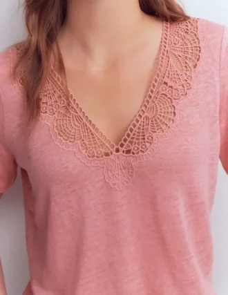 Tara Lace Trim Linen T-shirt Almond Pink