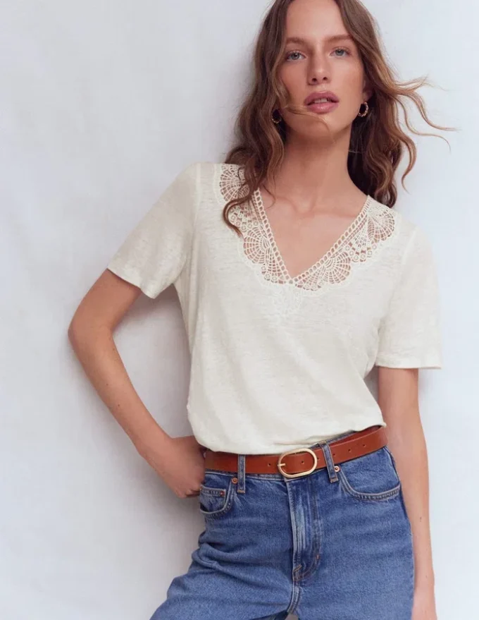 Tara Lace Trim Linen T-shirt Coconut Milk Tara Lace Trim Linen T-shirt Coconut Milk