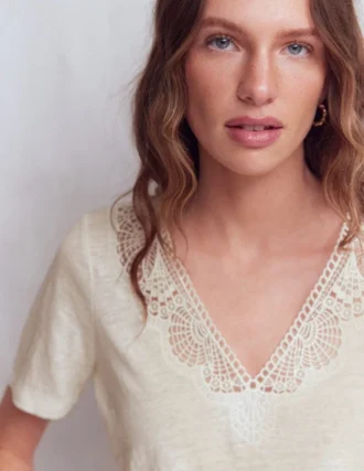 Tara Lace Trim Linen T-shirt Coconut Milk