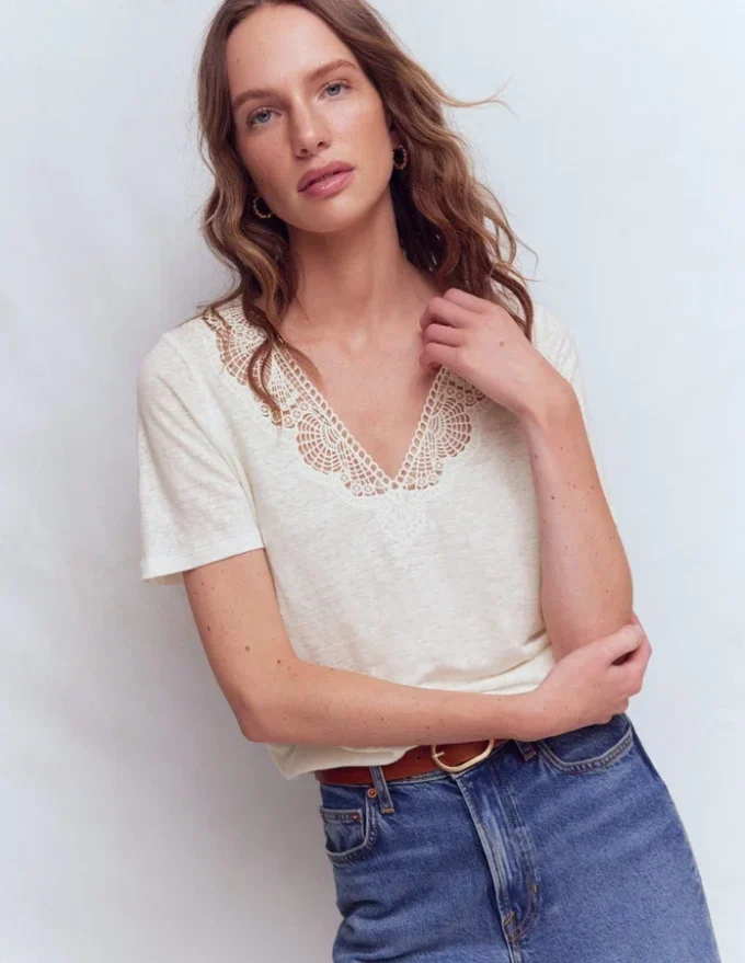 Tara Lace Trim Linen T-shirt Coconut Milk Tara Lace Trim Linen T-shirt Coconut Milk