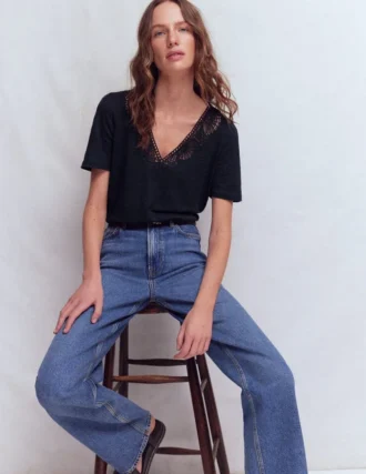 Tara Lace Trim Linen T-shirt Navy Blazer