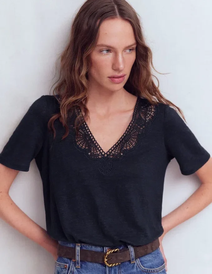 Tara Lace Trim Linen T-shirt Navy Blazer Tara Lace Trim Linen T-shirt Navy Blazer
