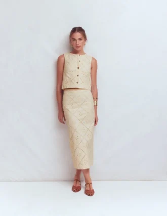 Textured Column Skirt Ivory Broderie