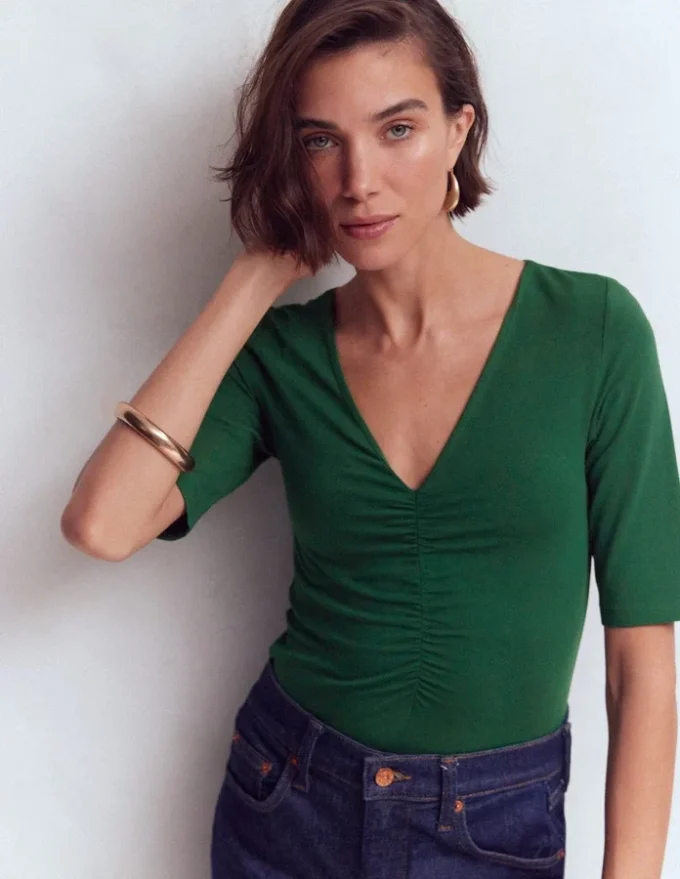 Tia Ruched V-neck Top Hunter Green Tia Ruched V-neck Top Hunter Green