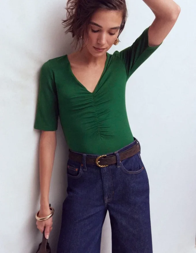Tia Ruched V-neck Top Hunter Green Tia Ruched V-neck Top Hunter Green