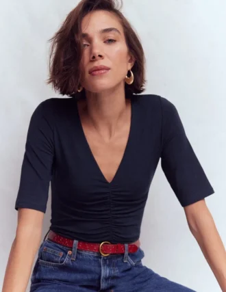 Tia Ruched V-neck Top Navy