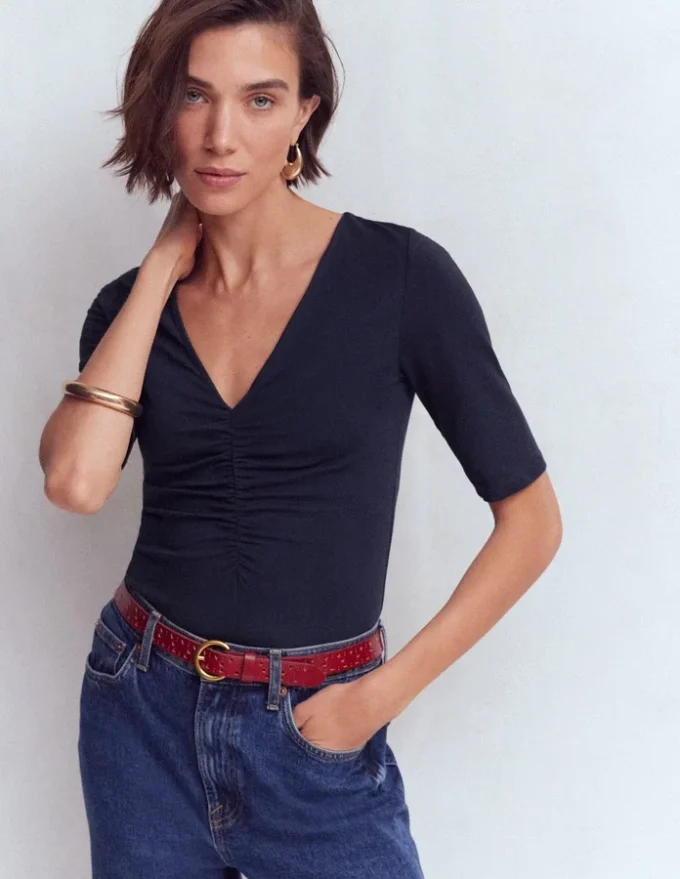 Tia Ruched V-neck Top Navy Tia Ruched V-neck Top Navy